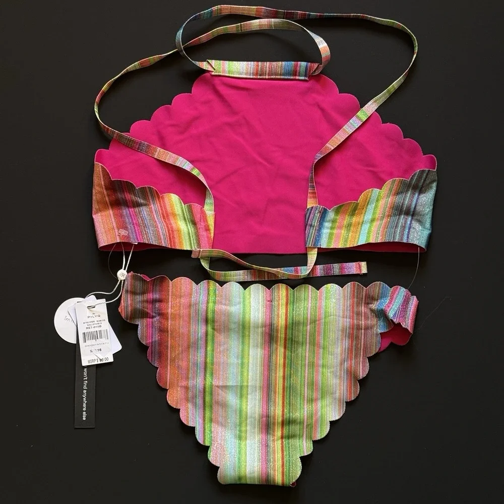 PilyQ Girls 16 Retro Stripe Seamless Scallop High Neck Bikini‎ Reversible NWT